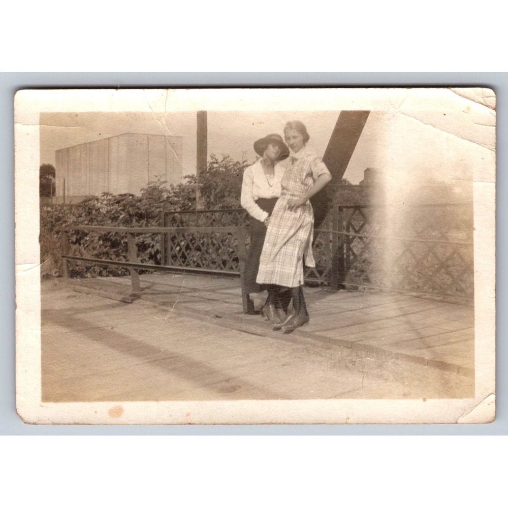 Vintage 1930s Snapshot Photo Women on Bridge Candid Vernacular Americana Sepia